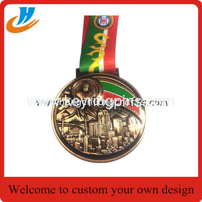 Half Marathon run medal with color filled, carved metal medallions with sublimation or screen print medal ribbon