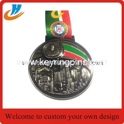 Half Marathon run medal with color filled, carved metal medallions with sublimation or screen print medal ribbon