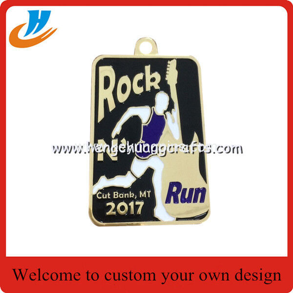 Half Marathon run medal with color filled, carved metal medallions with sublimation or screen print medal ribbon