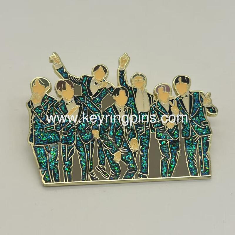 K-pop Boy Band Glitter Enamel Pin, Green Tuxedo Group Lapel Pin, K-pop Collectible Badge